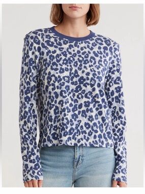 NWT ATM Anthony Thomas Melilo Cotton Pullover Long Sleeve Top Blue Cheetah $150